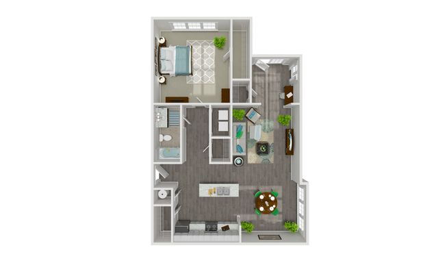 Modern 1-bedroom apartment floor plan featuring a spacious open-concept living and dining area, chic kitchen, cozy bedroom, and a stylish bathroom.