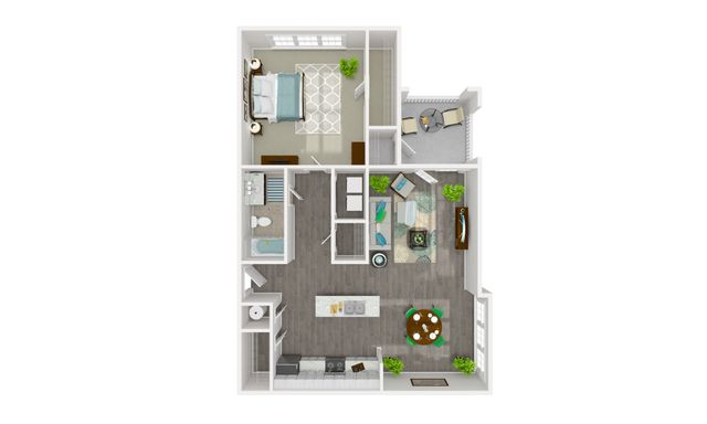 Contemporary 2D floor plan featuring a spacious one-bedroom layout with a modern kitchen, elegant living area, and a cozy balcony.