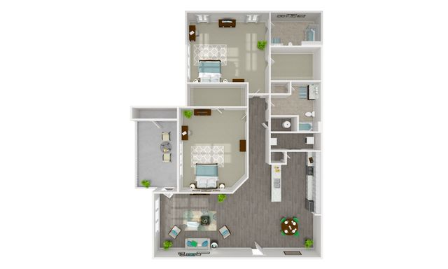 Modern 3D floor plan showcasing two spacious bedrooms, a sleek open-plan living and dining area, a contemporary kitchen, and a cozy balcony for relaxation.