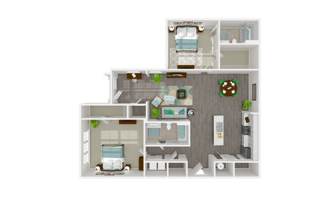 Elegant 3D floor plan showcasing two spacious bedrooms, open-concept living and dining area, modern kitchen, and two bathrooms.
