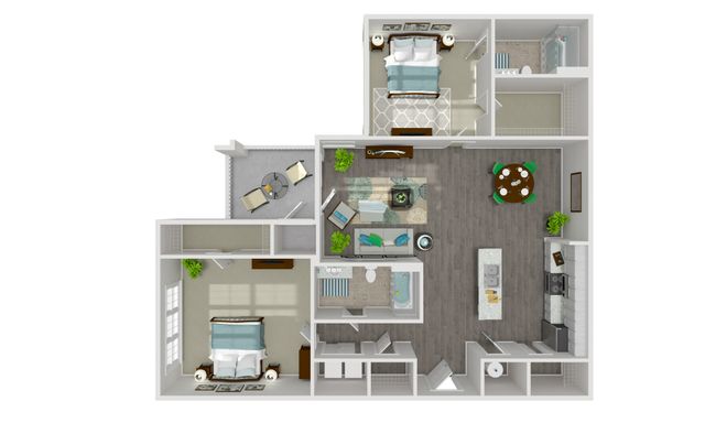 Contemporary 2D floor plan showcasing two spacious bedrooms, an inviting open-plan living area, a modern kitchen, and a cozy balcony.