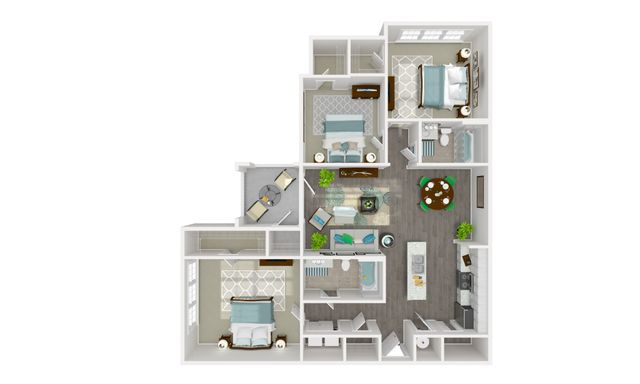 Modern 3D floor plan featuring two cozy bedrooms, a stylish living space, and an inviting open kitchen with dining area. Includes two bathrooms and a balcony for a perfect blend of comfort and functionality.