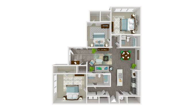 Beautifully designed 3-bedroom apartment floor plan featuring a spacious open-concept living room, modern kitchen with island, and two elegant bathrooms.