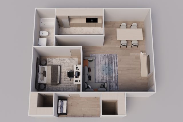 Modern 3D apartment floor plan showcasing a cozy bedroom, stylish bathroom, open living and dining area, and a sleek kitchen design.