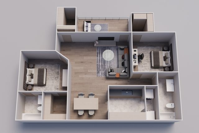 Modern 3D floor plan showcasing a spacious apartment with two bedrooms, an inviting open living area, and a sleek kitchen.