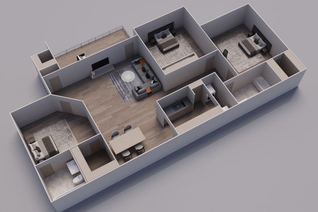 Modern 3D floor plan showcasing 3 spacious bedrooms, an elegant open-concept living space, and a contemporary kitchen design.