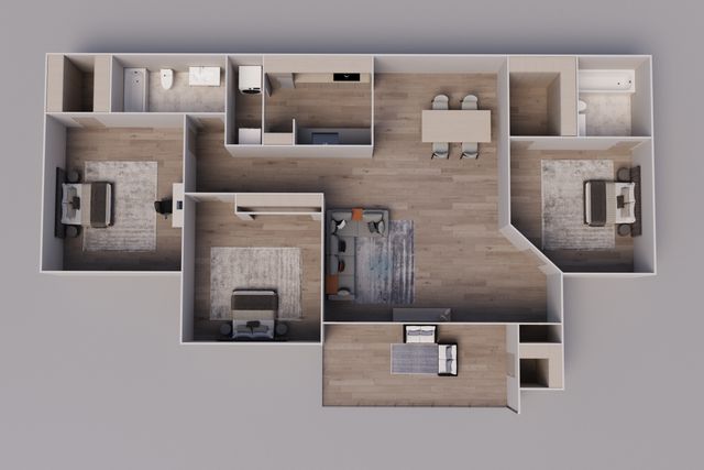 Elegant 3D apartment floor plan showcasing 3 bedrooms, an open-concept living room, a modern kitchen, and two stylish bathrooms.