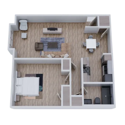 Modern 1-bedroom apartment floor plan with open-concept living area, cozy dining space, and contemporary kitchen layout.