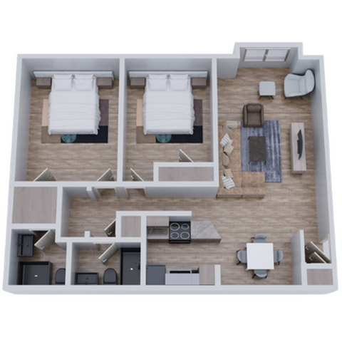 Chic 3D floor plan featuring two spacious bedrooms, cozy living room, modern kitchen, and inviting dining area with stylish wooden flooring.