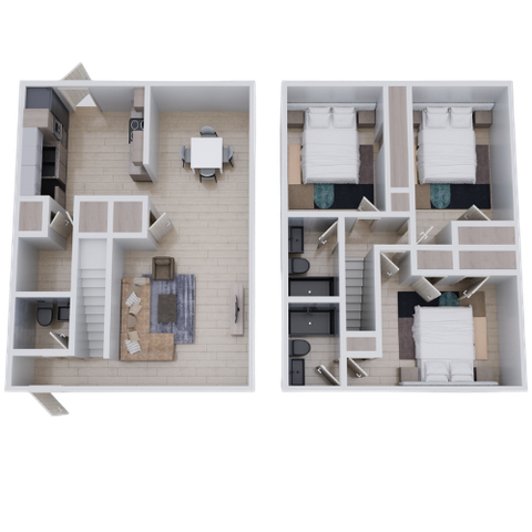 Modern duplex floor plan showcasing an airy open-concept kitchen and living area downstairs, with three cozy bedrooms and two bathrooms upstairs.