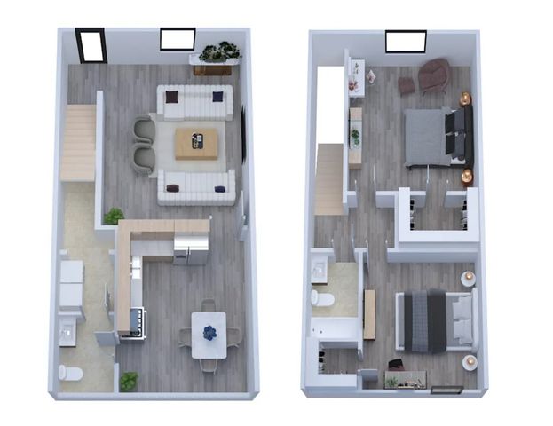 Modern two-level floor plan showcasing stylish living room, open-concept kitchen, 2 cozy bedrooms, and contemporary interior design.