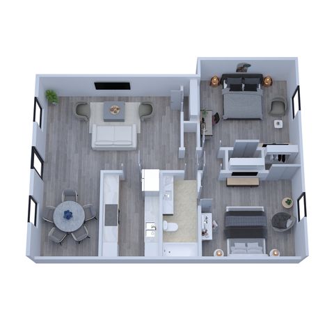 Modern 3D floor plan showcasing 2 bedrooms, open living area with stylish furniture, elegant kitchen, and chic bathroom design.