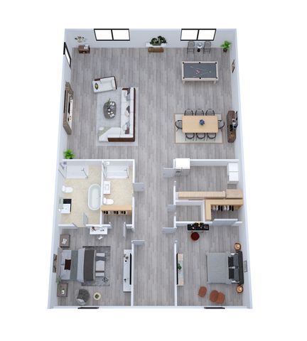Modern 3D floor plan featuring two spacious bedrooms, open-concept living and dining area, sleek kitchen, luxurious bathroom, and additional entertainment space with a pool table.