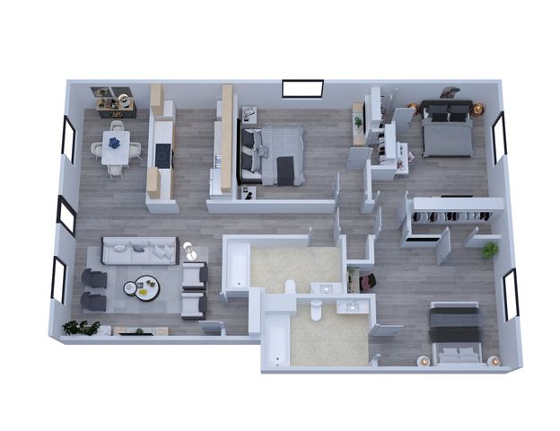 Modern 3D apartment floor plan showcasing 3 bedrooms, contemporary open kitchen, cozy living room, and elegant dining area.
