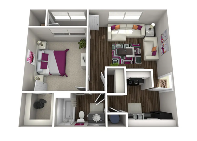 Chic apartment floor plan showcasing a cozy bedroom, stylish living room, modern kitchen, and well-designed bathroom with elegant decor.