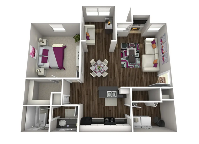 Modern 3D floor plan showcasing a vibrant one-bedroom apartment with an open-concept living room, stylish kitchen, and elegant dining area, complemented by sleek hardwood floors.