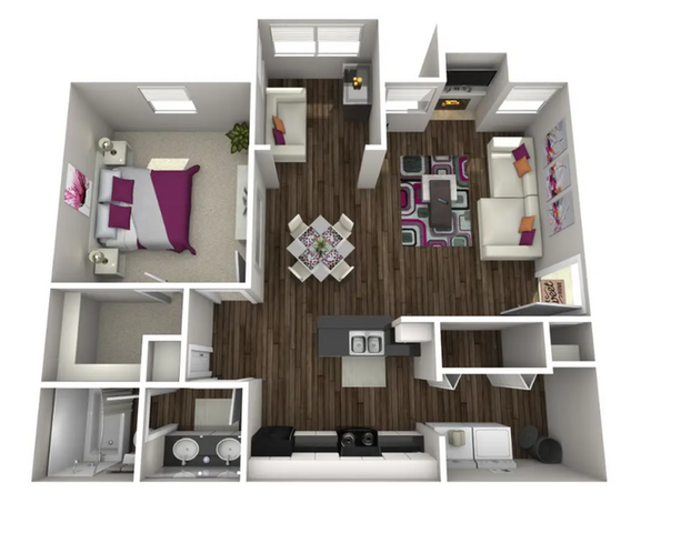 Modern 3D floor plan showcasing a spacious 1-bedroom apartment with an open-concept living and dining area, sleek kitchen, and stylish bathroom.