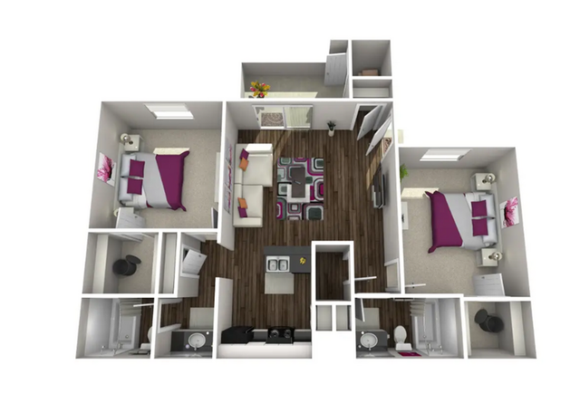 Modern 3D floor plan featuring 2 cozy bedrooms, a stylish open living area, and a functional kitchen with contemporary design.