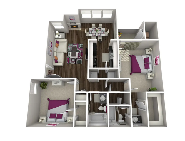 Modern 3D floor plan showcasing a cozy 3-bedroom layout with open living and dining area, two bathrooms, and stylish furnishings.