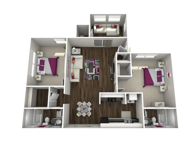 Contemporary 3D floor plan featuring two elegant bedrooms, a stylish open-plan living and dining area, and a modern kitchen with sleek finishes.
