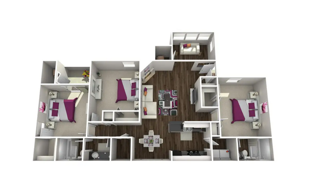 Contemporary 3D floor plan showcasing three spacious bedrooms, a stylish open-concept living and dining area, modern kitchen, and two bathrooms with vibrant accents.