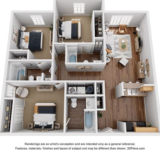 Modern 3D floor plan showcasing a spacious 3-bedroom apartment with stylish living area, open kitchen, and two elegant bathrooms.