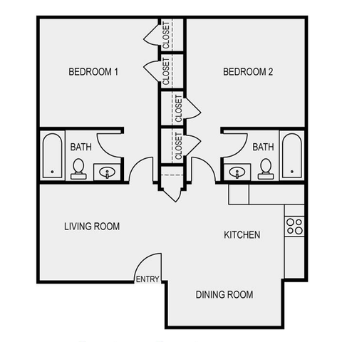 Chic floor plan showcasing 2 bedrooms, modern kitchen, and inviting dining room, complemented by spacious living area.
