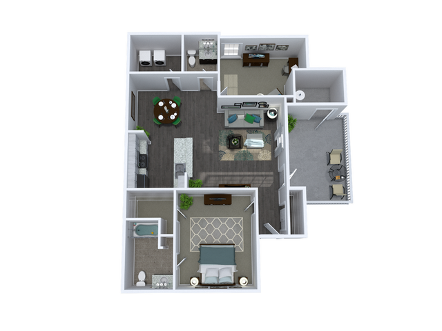 Modern 3D floor plan featuring 2 bedrooms, a stylish open-concept kitchen and living area, and a cozy balcony.