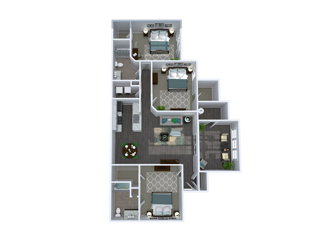 Chic 3D floor plan showcasing 3 bedrooms, a modern kitchen, elegant living area, and spacious dining space for an upscale lifestyle.