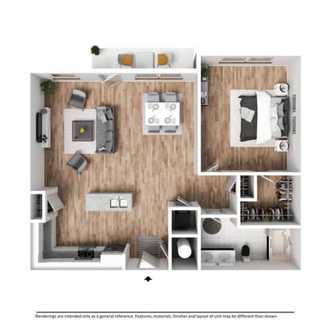 Modern 3D floor plan featuring a spacious open-concept living room, a stylish kitchen with island, and a cozy bedroom with an en-suite bathroom and large walk-in closet.