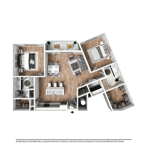 Contemporary open-concept floor plan featuring two cozy bedrooms, sleek kitchen with bar seating, spacious living and dining areas, luxurious bathrooms, and private balconies.