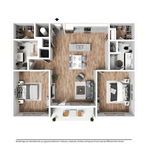 Modern floor plan featuring two spacious bedrooms, an inviting open-concept kitchen and living area, with ample storage and stylish bathrooms.