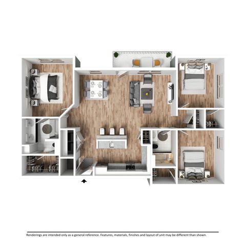 Modern apartment floor plan featuring three bedrooms, an open-concept living and dining area, and a sleek kitchen with a bar counter.