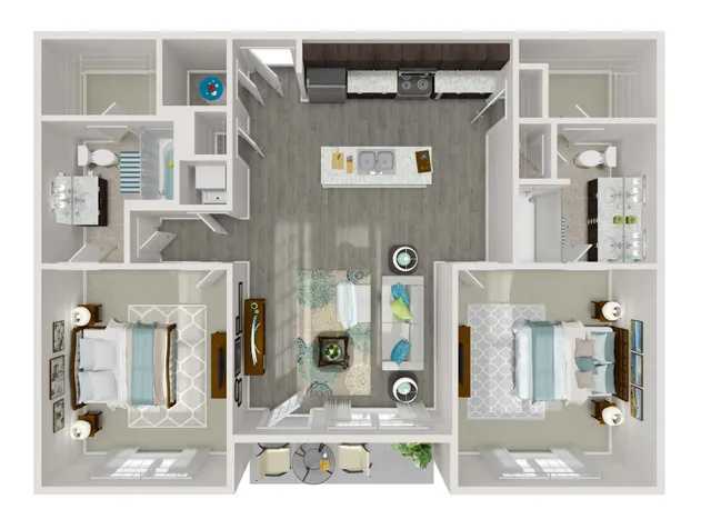 Bright and modern floor plan showcasing 2 cozy bedrooms, stylish open kitchen, inviting living area, and 2 sleek bathrooms with ample storage space.