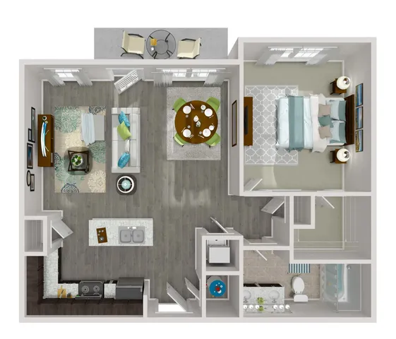 Contemporary 2D floor plan showcasing a spacious one-bedroom layout with an inviting living area, sleek kitchen, and cozy dining space. Features modern decor and generous natural light.