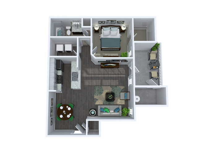 Modern 3D floor plan showcasing a 1-bedroom apartment with an open living room and kitchen, cozy dining area, and private balcony.