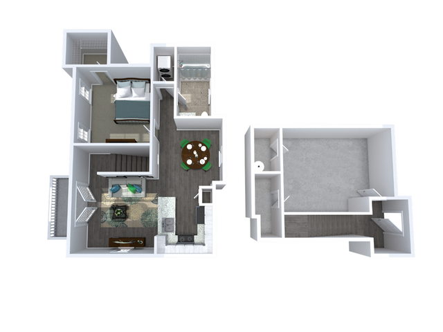 Modern 3D floor plan showcasing a spacious bedroom, stylish living area, elegant kitchen, and versatile room, perfect for dynamic living.