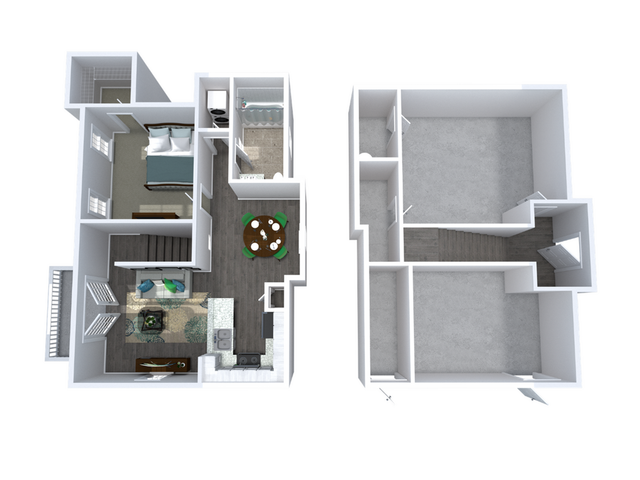 Modern two-story floor plan featuring a cozy bedroom, elegant living area, stylish kitchen, and open dining space on the first floor, with versatile unfinished rooms on the second floor.