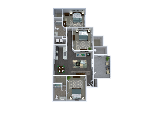 Modern 3D floor plan with three luxurious bedrooms, elegant open-concept living area, sleek kitchen, and cozy balcony space, perfect for stylish urban living.