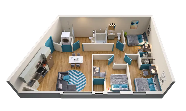 Modern 3D floor plan of a cozy apartment with three bedrooms and two bathrooms, stylish kitchen, inviting living area, and contemporary layout.
