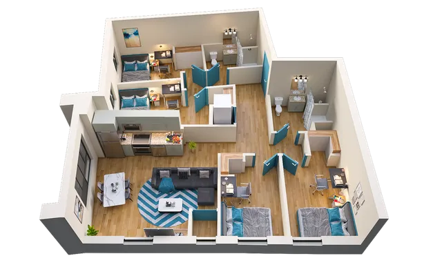 Modern 3D floor plan featuring four cozy bedrooms, two stylish bathrooms, an open kitchen with elegant countertops, and a spacious living area adorned with contemporary decor.