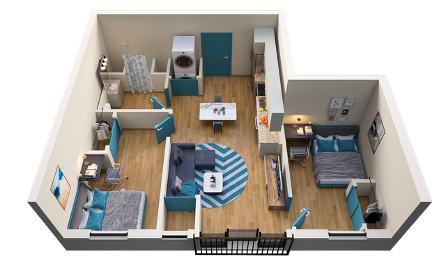 Inviting 3D floor plan showcasing two cozy bedrooms, a modern open-concept living and dining area, and a functional kitchen with stylish finishes.