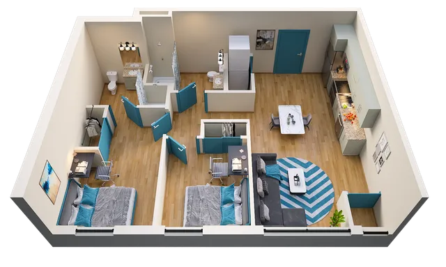 Modern 3D apartment floor plan showcasing 2 cozy bedrooms, open-concept living and dining area, sleek kitchen, and two stylish bathroom.
