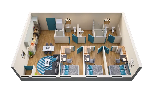 Modern 3D floor plan showcasing a spacious Three bedroom apartment with open-concept living and dining area, sleek kitchen, and three stylish bathrooms.