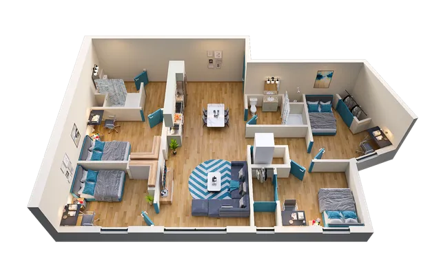 Modern 3D floor plan with four cozy bedrooms 2 bath, a stylish living room, and a sleek kitchen. Spacious layout featuring contemporary decor and elegant design.