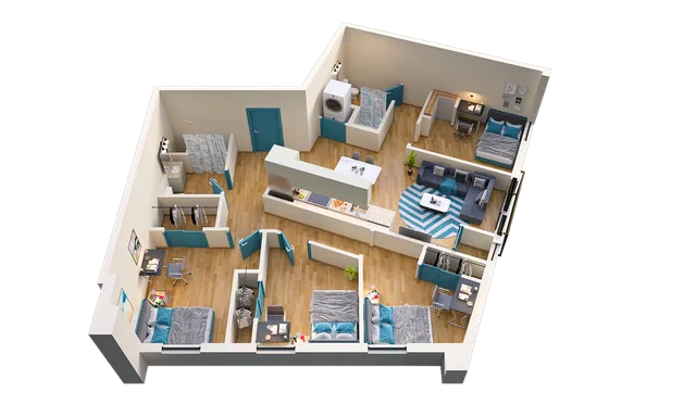 Modern 3D floor plan showcasing a sleek apartment layout with three bedrooms, an open-concept living and dining area, and a contemporary kitchen.