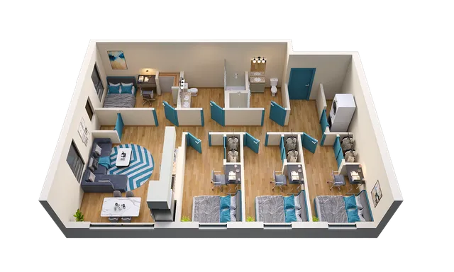 Chic 3D floor plan showcasing a contemporary apartment with four bedrooms 2 bathrooms, a cozy living area, stylish dining space, and a modern kitchen.
