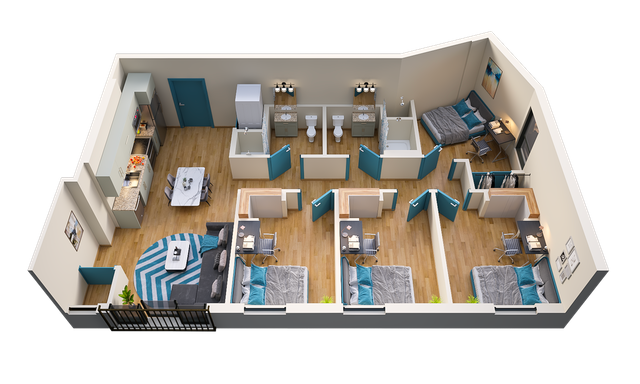 Modern 3D floor plan showcasing a spacious apartment with four bedrooms, two stylish bathrooms, an open-concept living and dining area, and a contemporary kitchen.