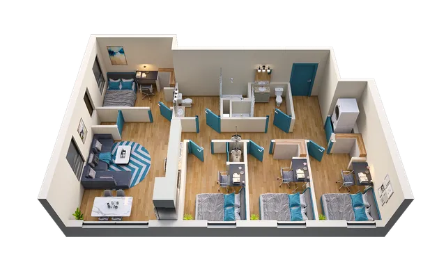 Elegant 3D floor plan of a modern apartment featuring four cozy bedrooms and 2 bedrooms, a stylish living room, a functional kitchen, and two sleek bathrooms. Ideal for comfortable family living.
