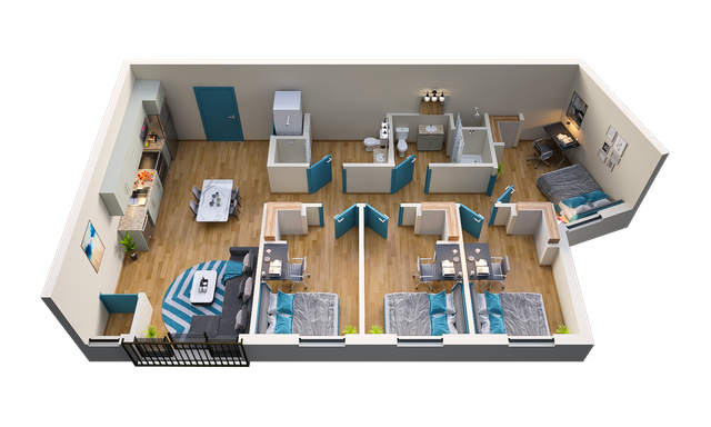 Modern 3D floor plan showcasing  four bedrooms and 2 bathrooms, cozy living room, open kitchen, and elegant bathrooms, ideal for contemporary living.